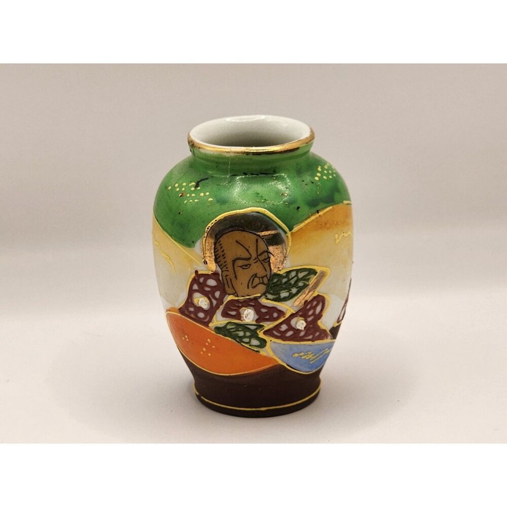 Occupied Japan Satsuma Style Mini Bud Vase Geisha Figural Green Brown Gold Gilt
